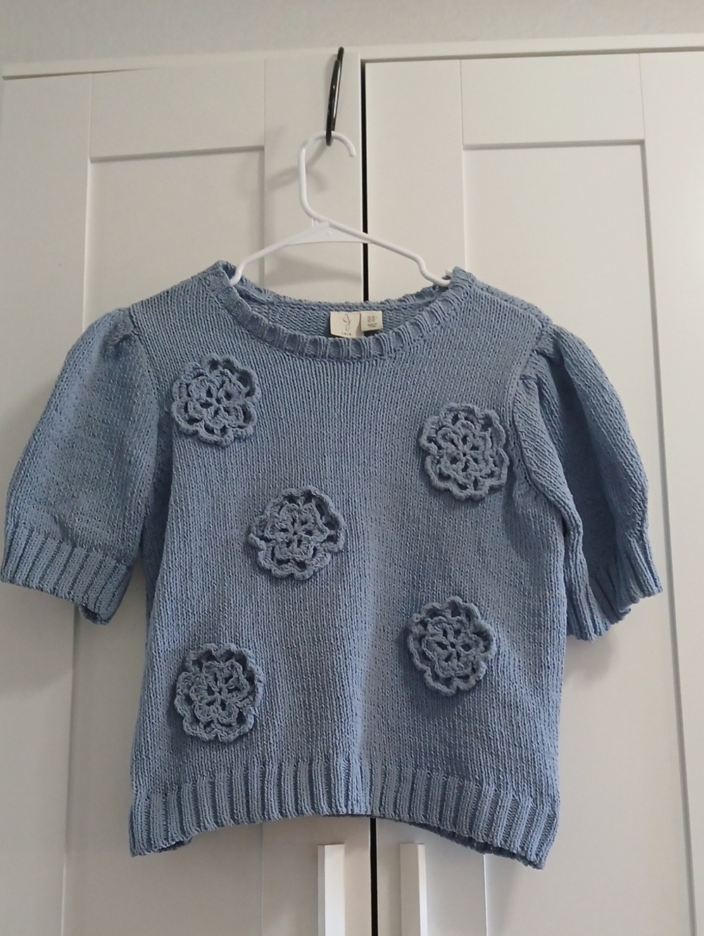 Joie Light Blue Crochet Flower Short-Sleeve Knit Top Size Medium